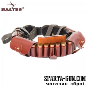 Патронташ комбінований (кордова тканина + шкіра) c шкіряними клапанами, на 25 патронів, 12 калібру та розвантажувальної шлеей